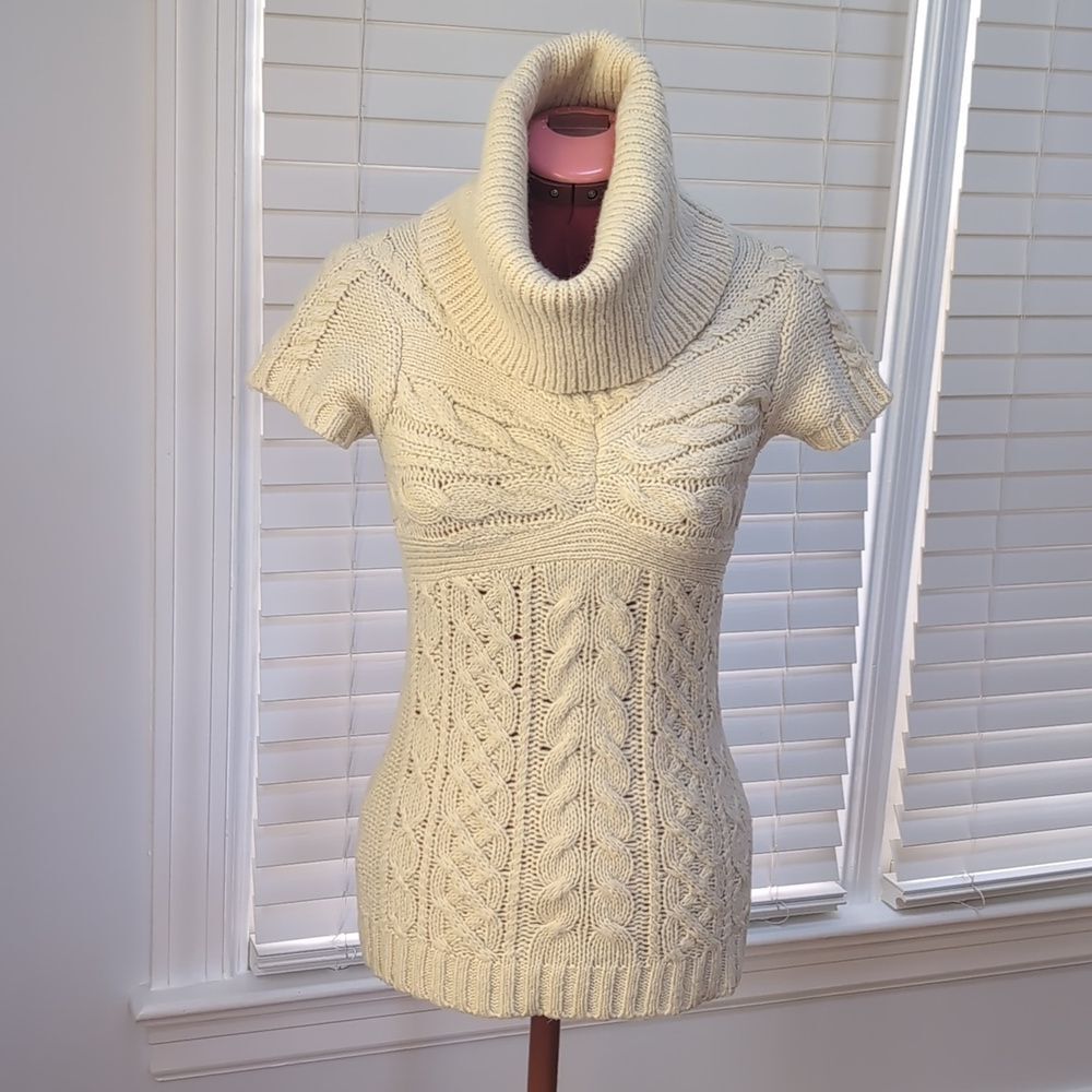 BCBG Max Azria Wool Blend Cable Knit Turtleneck Cap Sleeve Long Sweater